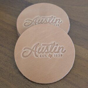 Made in USA Genuine Leather Coaster Set (4) – “Austin Est. 1839” – Tan